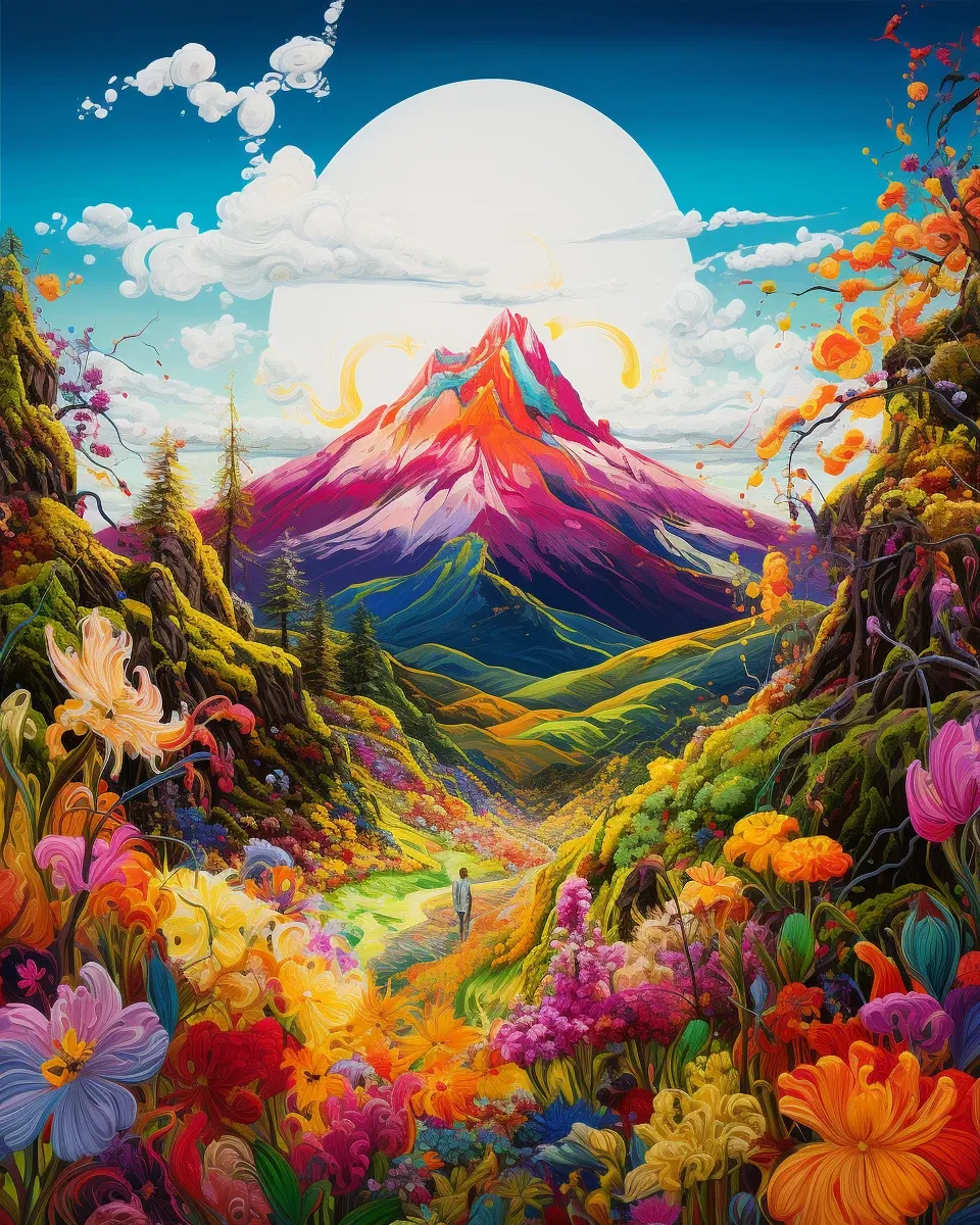 A painting of a mountain surrounded by flowers for morning meditations