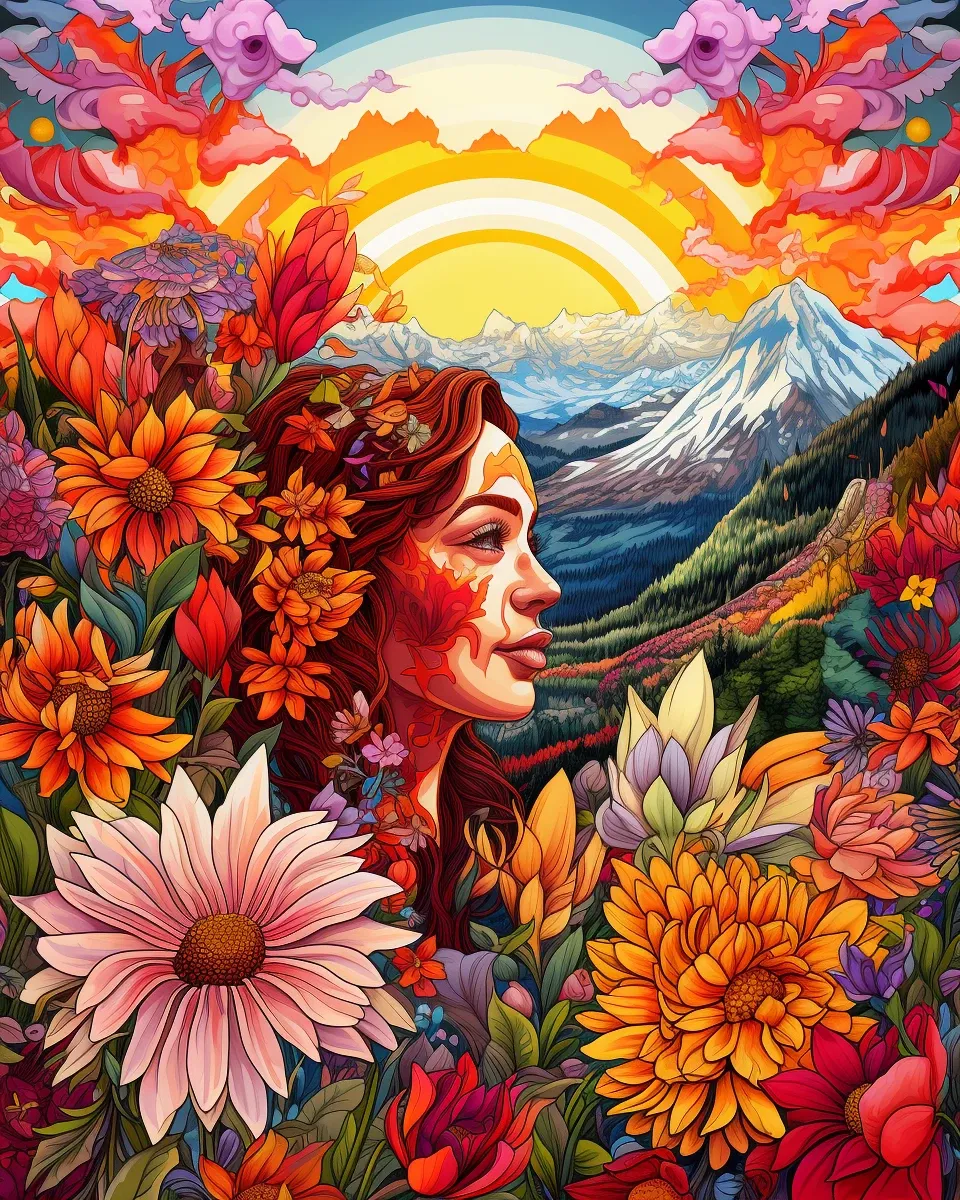 A women in a field of flowers in front of a snow capped mountain range.
