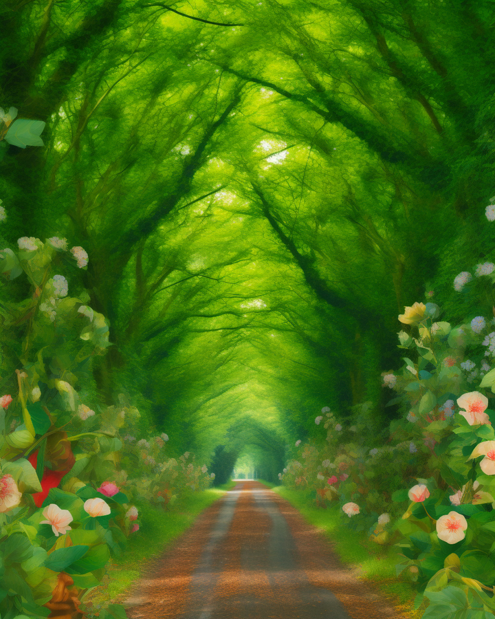 A meditative painting of a road surrounded by trees and flowers.