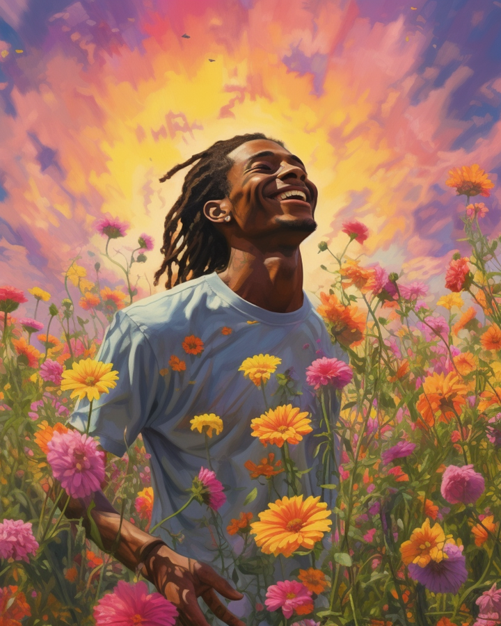 An African American Male smelling flowers in a field of colorful wildflowers with big smile.