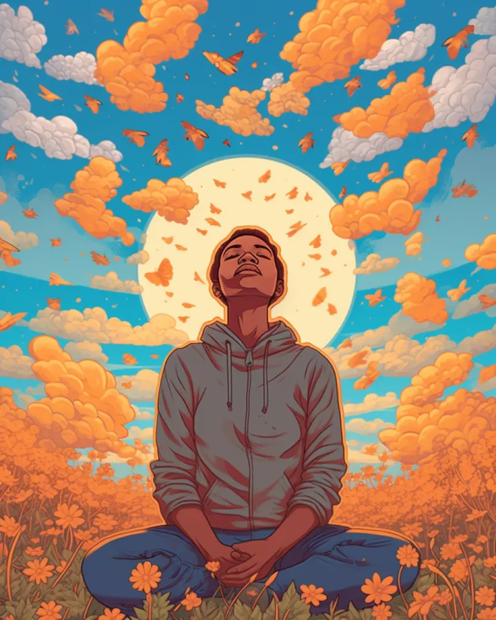 A person in a field of flowers doing a morning meditation.
