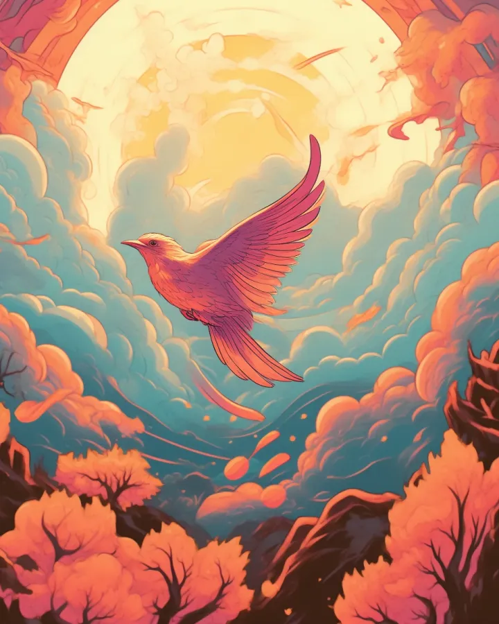 A painting of a bird flying in the sky.