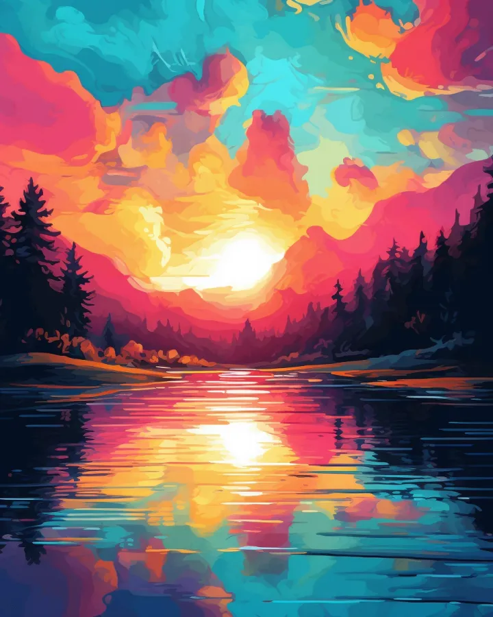 A painting of a sunset over a lake. 