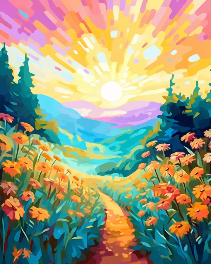 A painting of a path through a field of flowers.