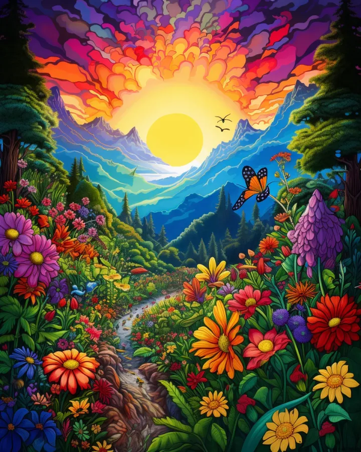 A colorful butterfly soars over a field of flowers, mountains in the distance.